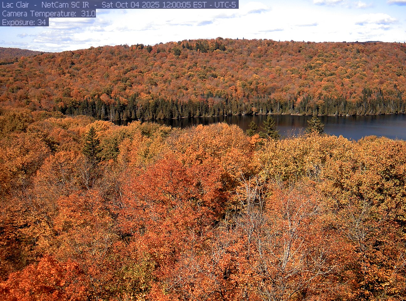 A wooded hillside and close canopy frame the water at Lac Clair.