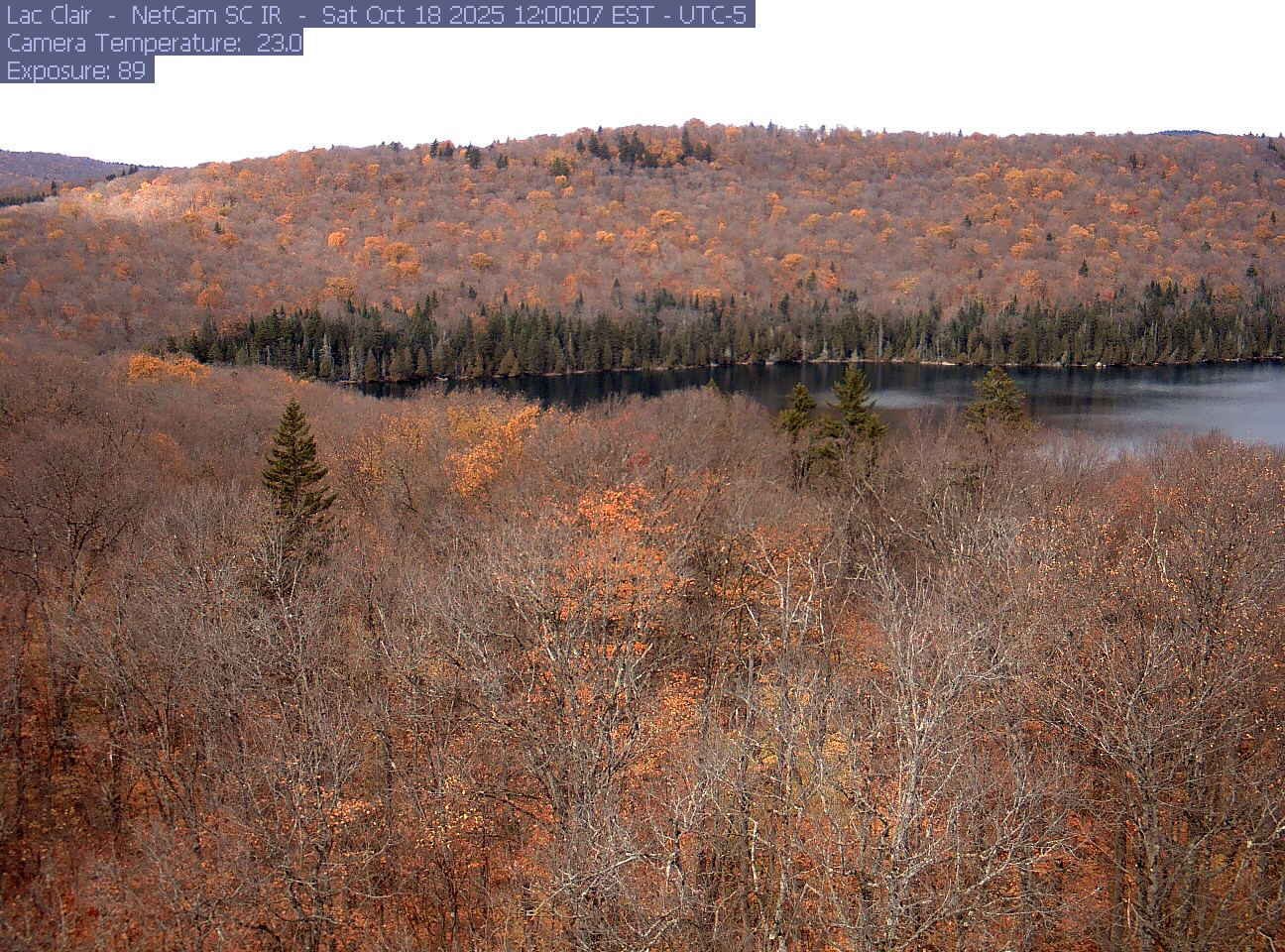 A wooded hillside and close canopy frame the water at Lac Clair.