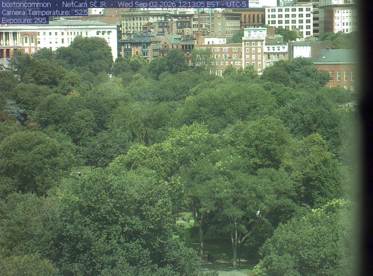 Buildings rise behind the park canopy; a fixed structure covers part of the right edge.