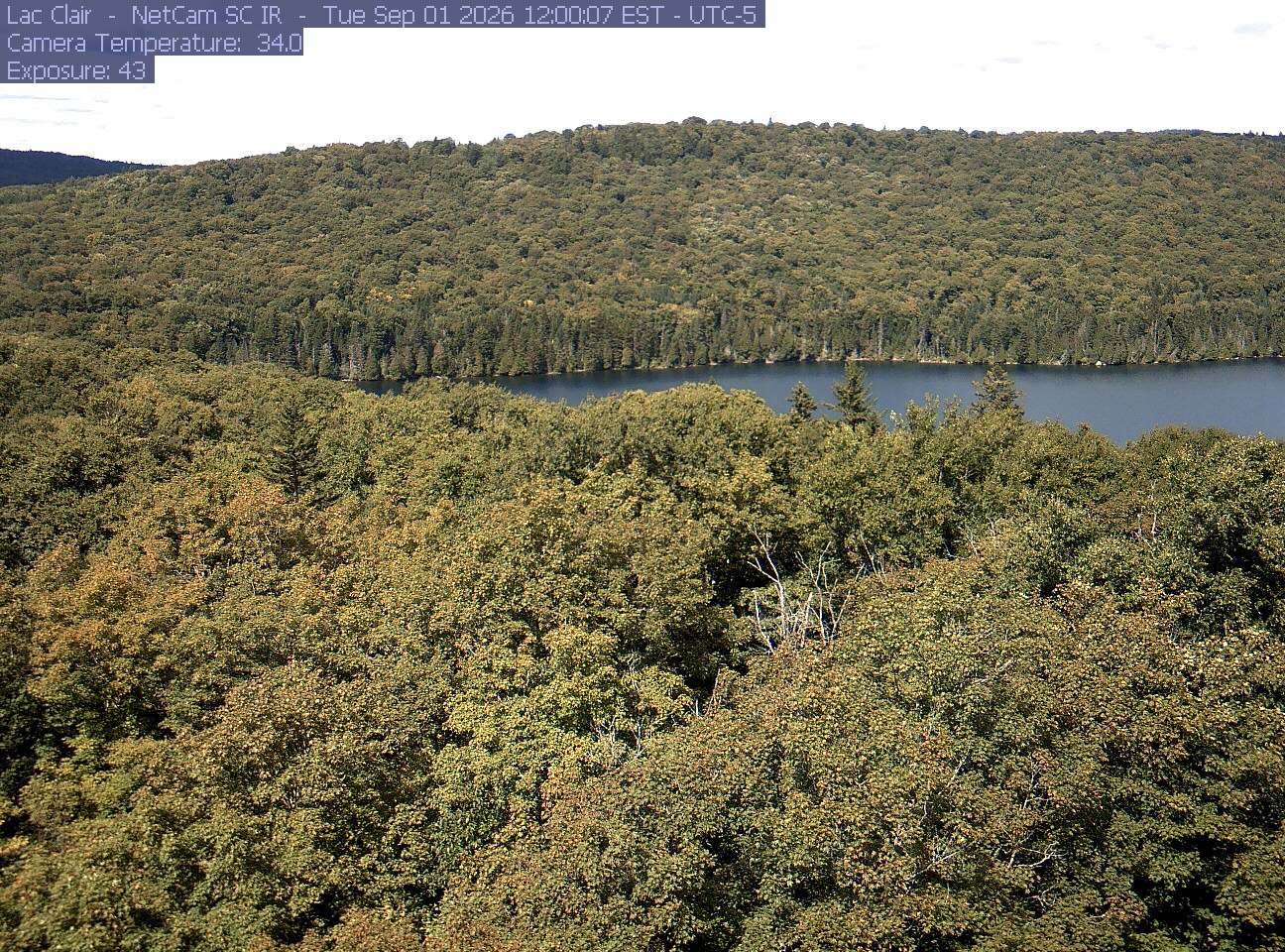 A wooded hillside and close canopy frame the water at Lac Clair.