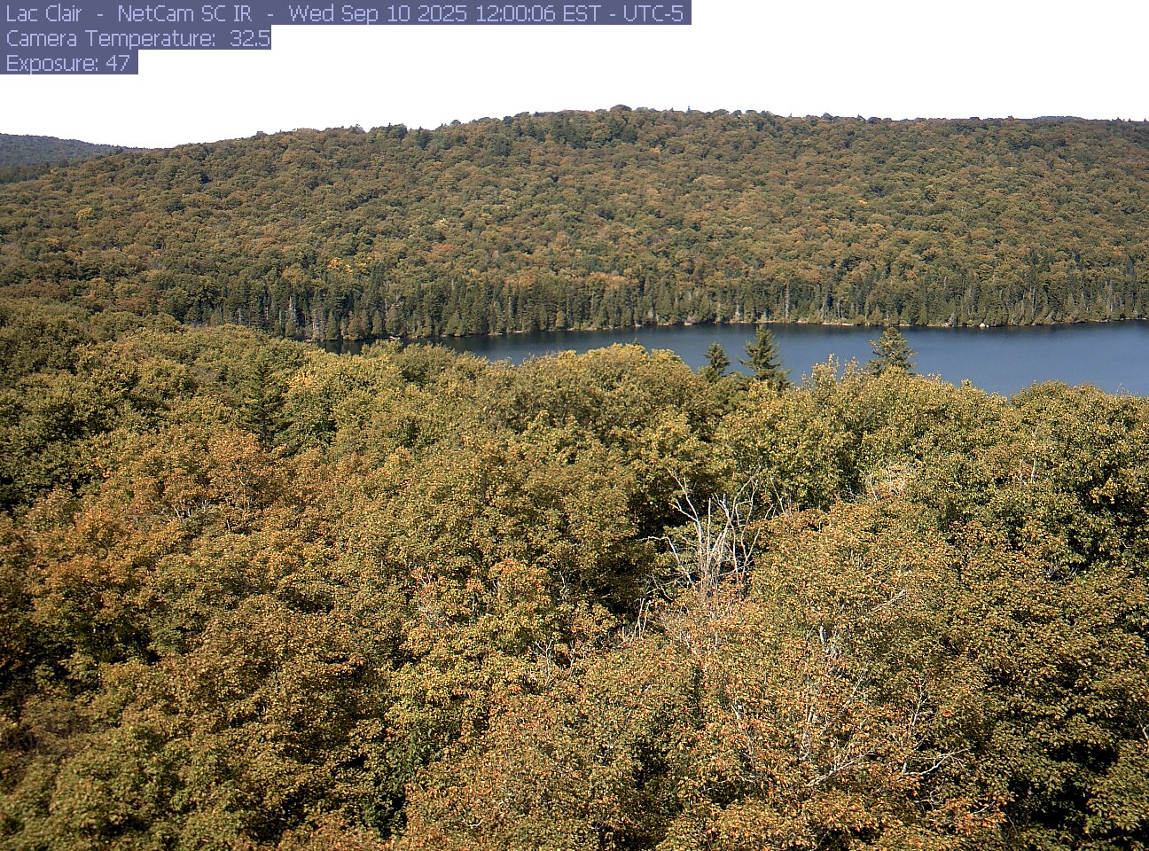 A wooded hillside and close canopy frame the water at Lac Clair.