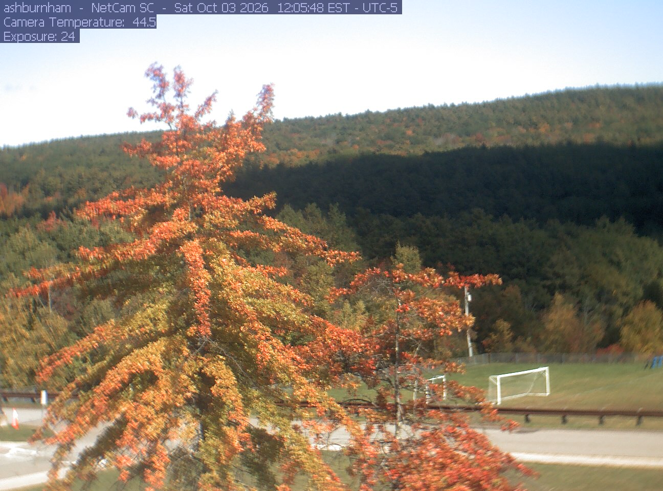 An orange-red foreground crown overlooks a playing field and a wooded hill with scattered autumn patches.