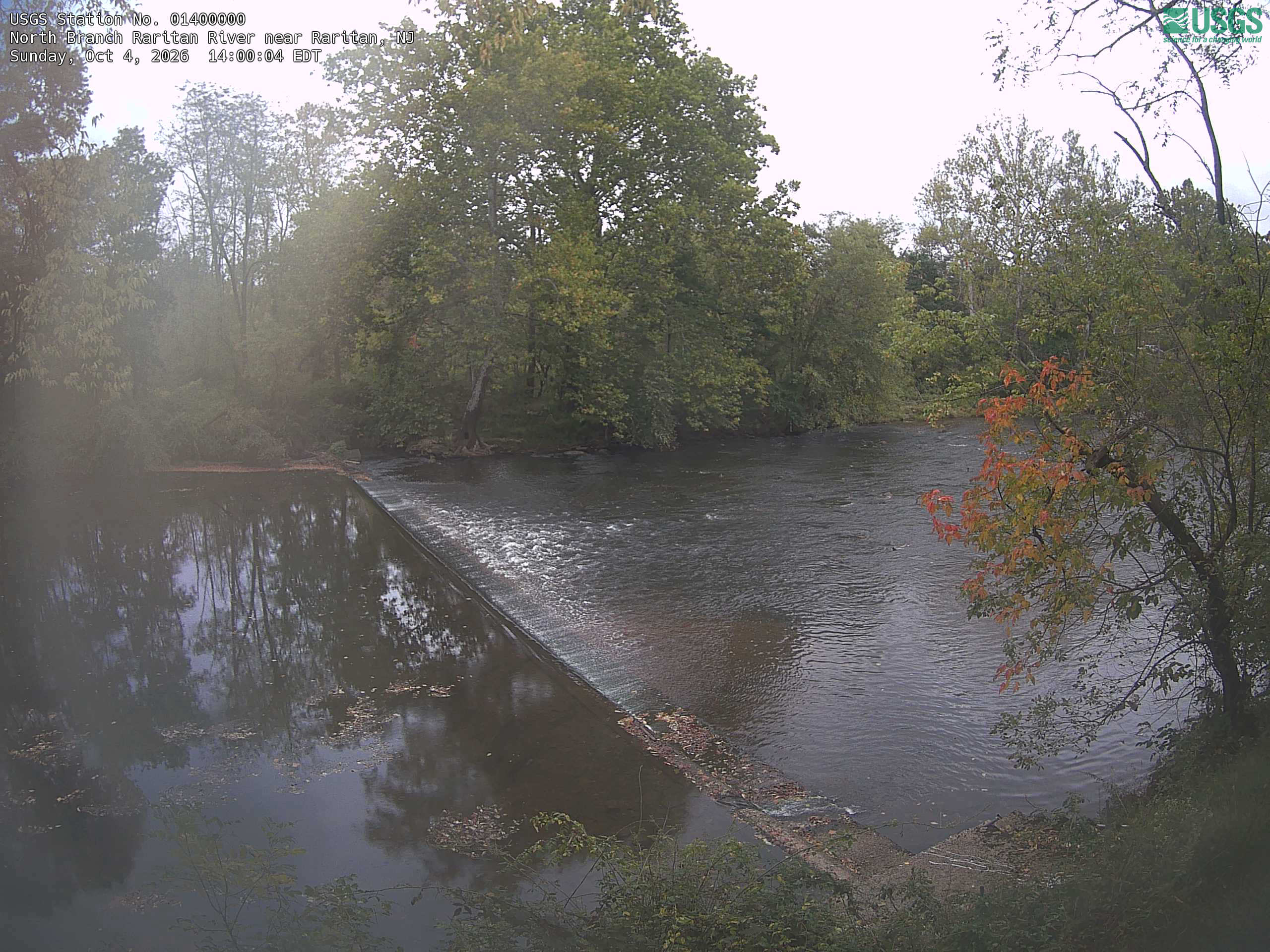 A wooded river and weir have readable orange-red branches at right and green canopy beyond.