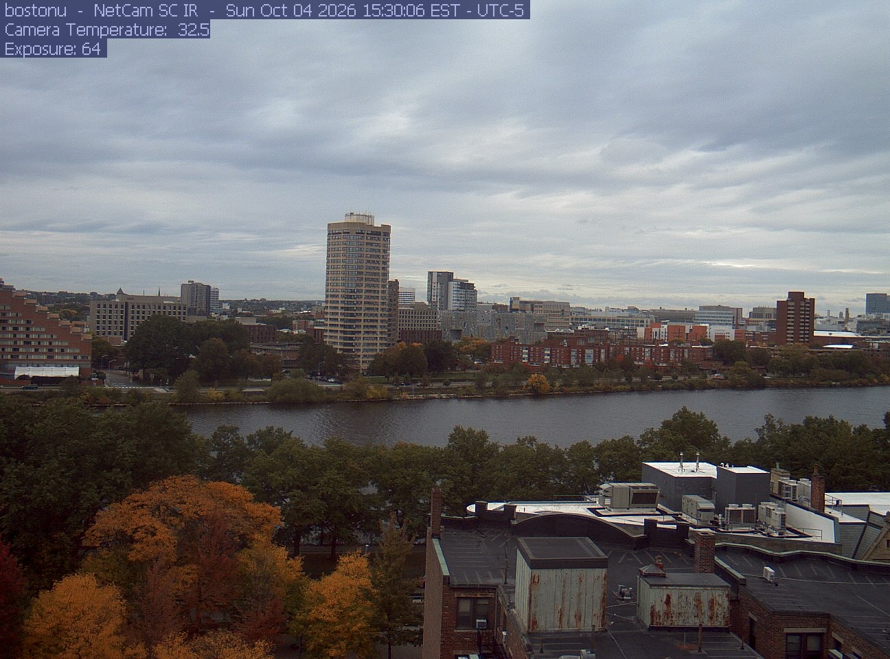 Trees line the river below the city skyline, with a roof edge in the foreground.