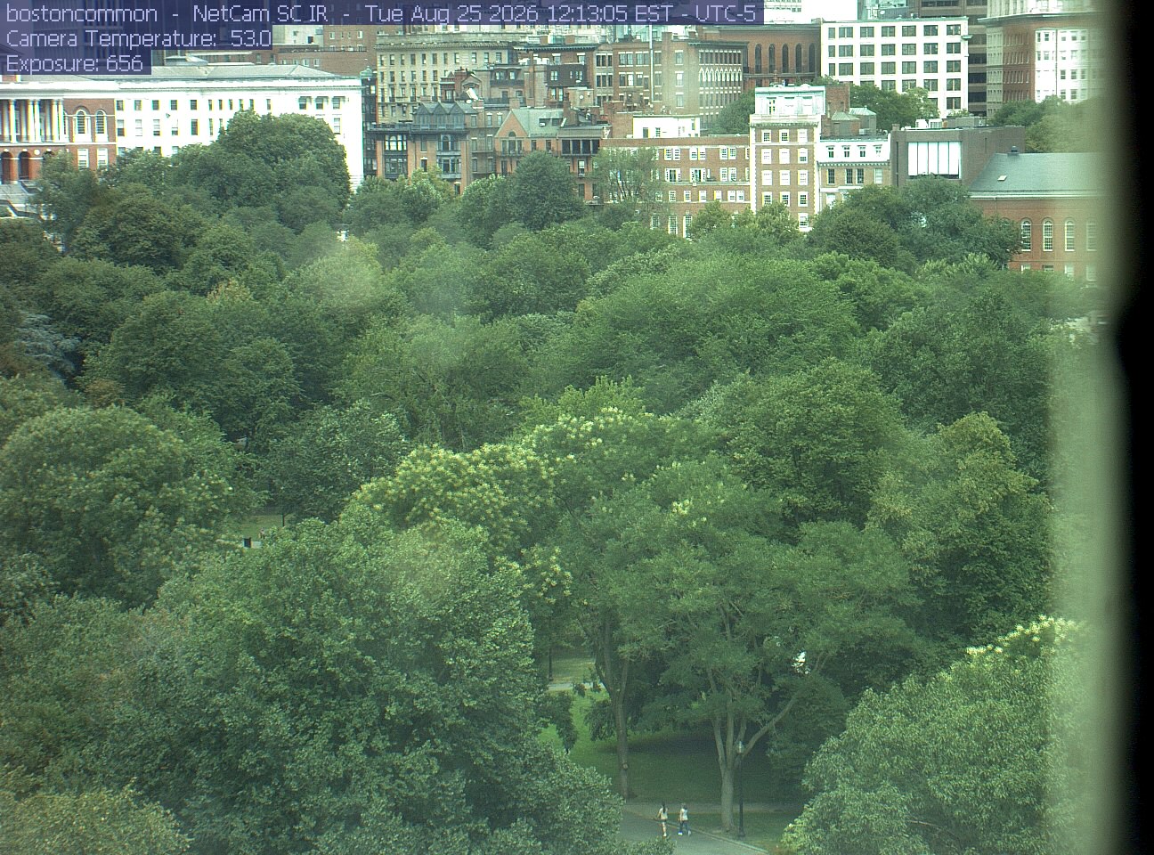 Buildings rise behind the park canopy; a fixed structure covers part of the right edge.