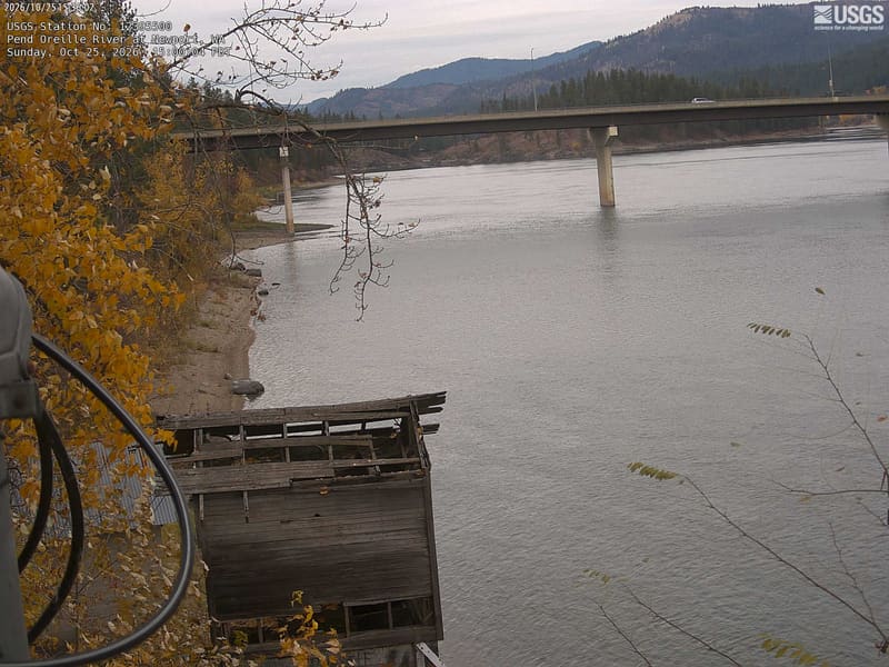 The broad Pend Oreille River runs under a highway bridge, a golden tree at the near bank and wooded hills beyond.