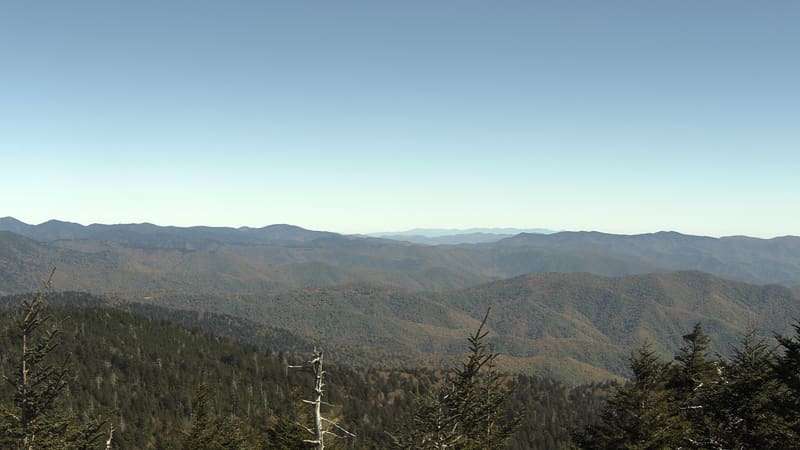 Dark spruce and fir in the near foreground on the highest ground, the hardwood slopes below going olive and rust, and the ridges blue under a heavy sky.