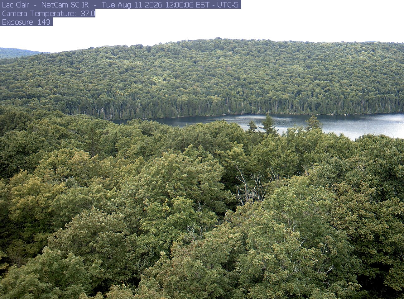 A wooded hillside and close canopy frame the water at Lac Clair.
