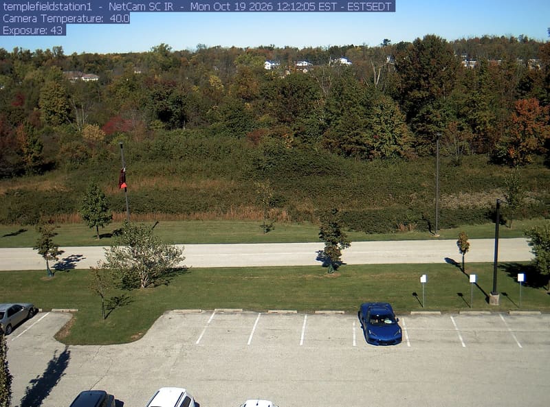 Woodland and meadow rise above the road and parking area at Temple’s Ambler Field Station.