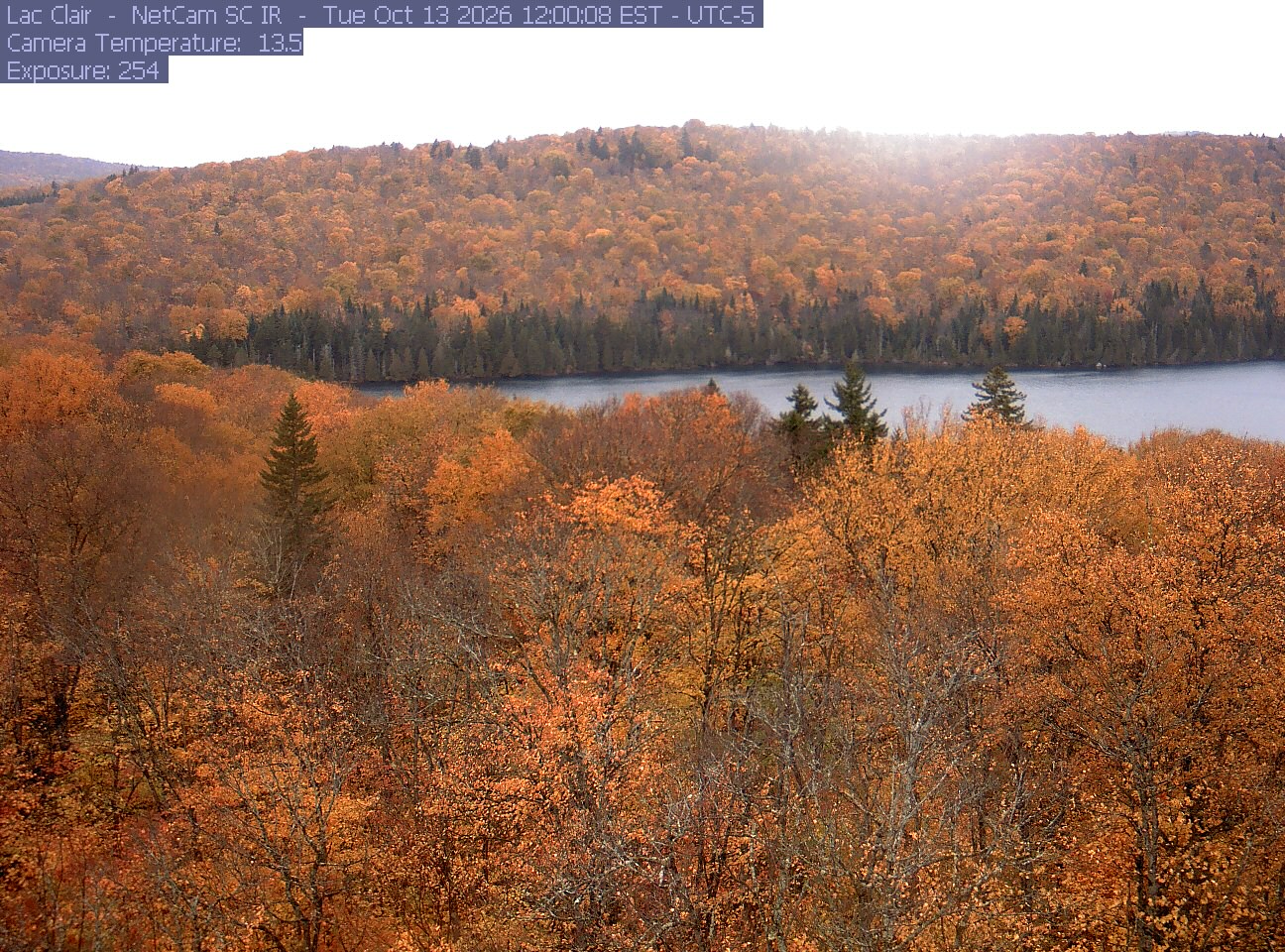 A wooded hillside and close canopy frame the water at Lac Clair.
