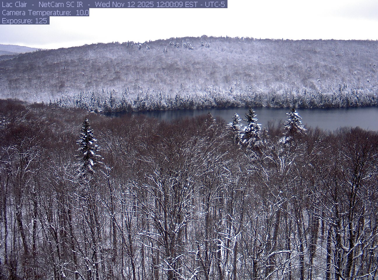 A wooded hillside and close canopy frame the water at Lac Clair.