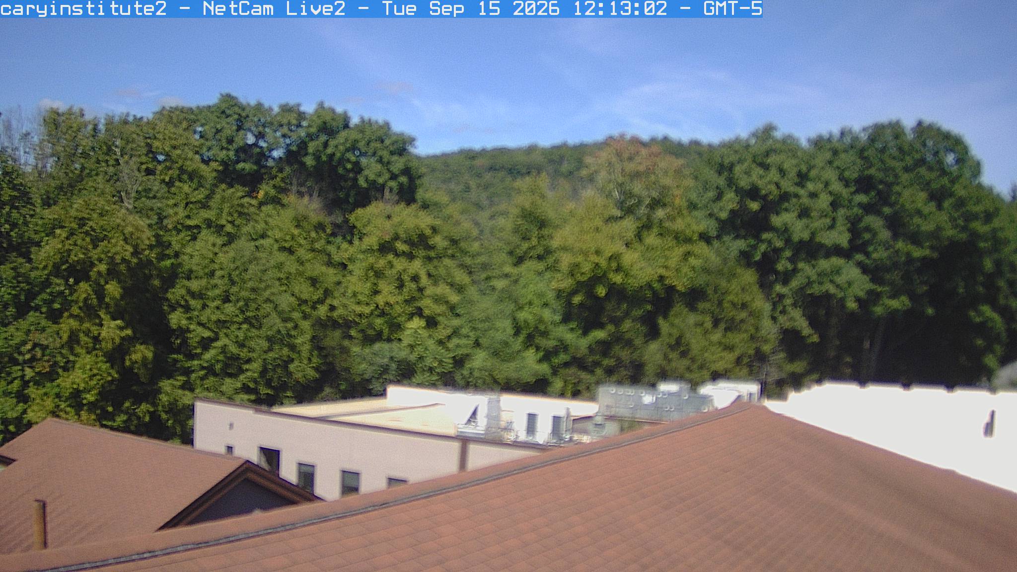 A rooftop camera at the Cary Institute in Millbrook looks over a shingle roof and a flat-roofed building to broadleaf woods and a ridge.