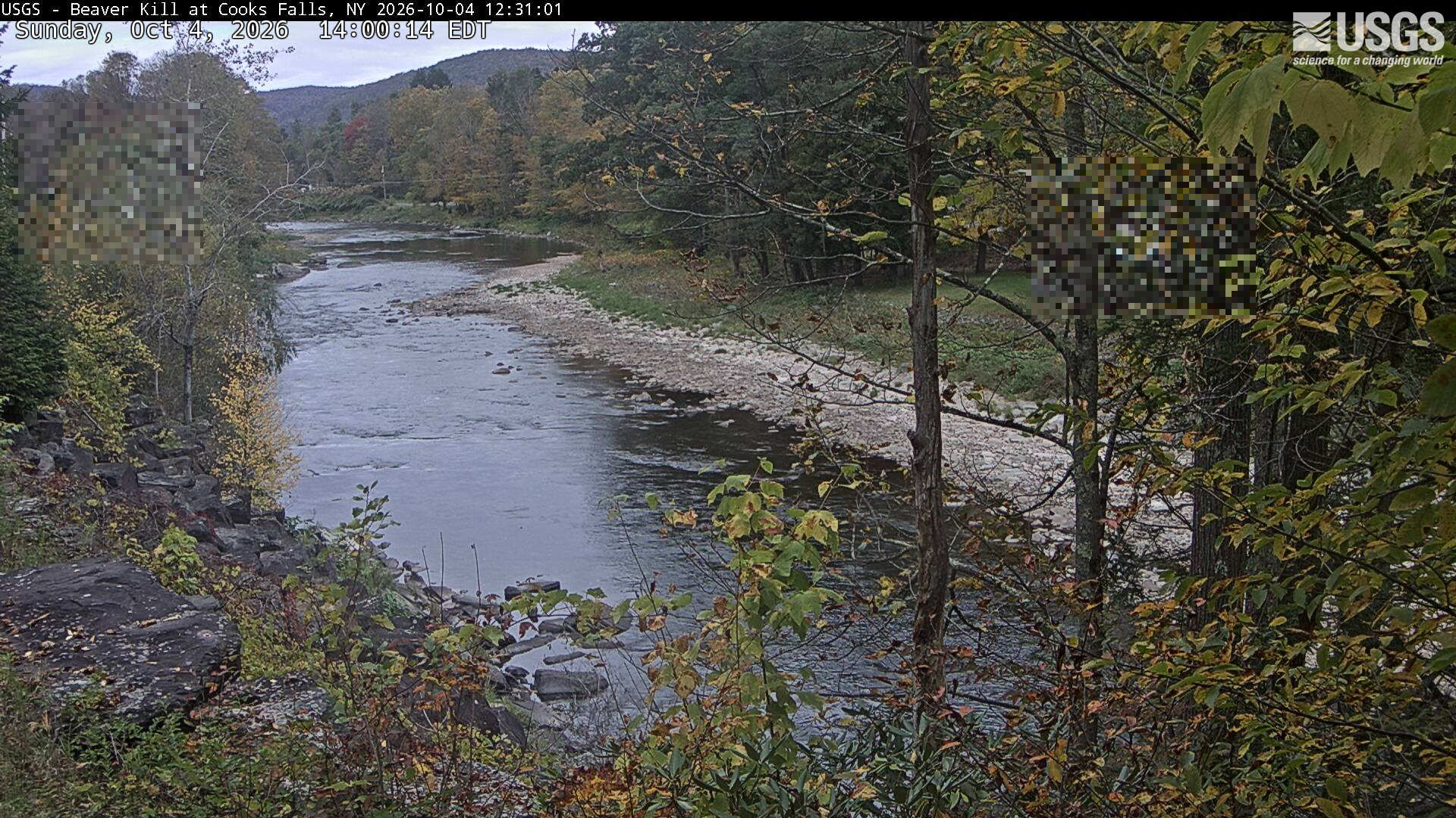 A rocky river reach between wooded banks and a low hill, with yellow and bronze near leaves and muted orange crowns upstream. The provider has blurred two small rectangular areas.