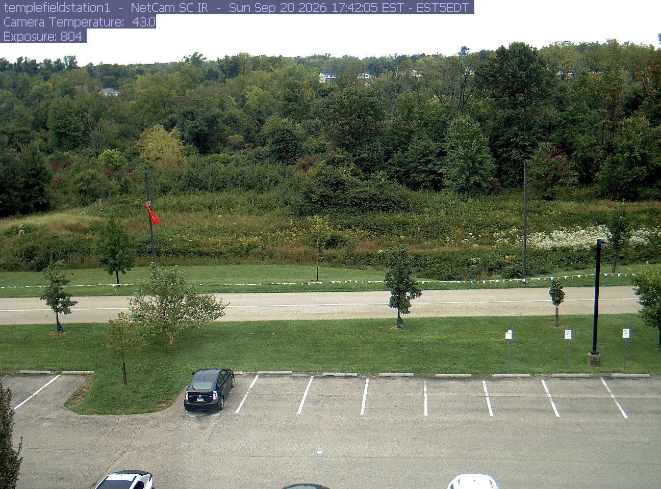 Woodland and meadow rise above the road and parking area at Temple’s Ambler Field Station.