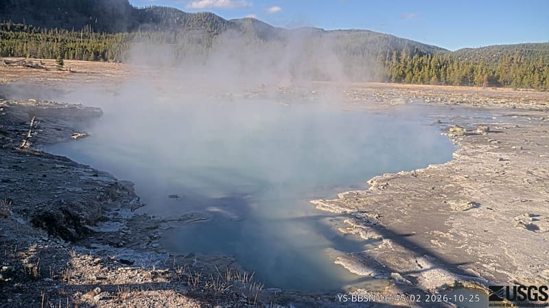 Steam drifts over Black Diamond Pool’s milky blue water, among pale mineral ground and pines.
