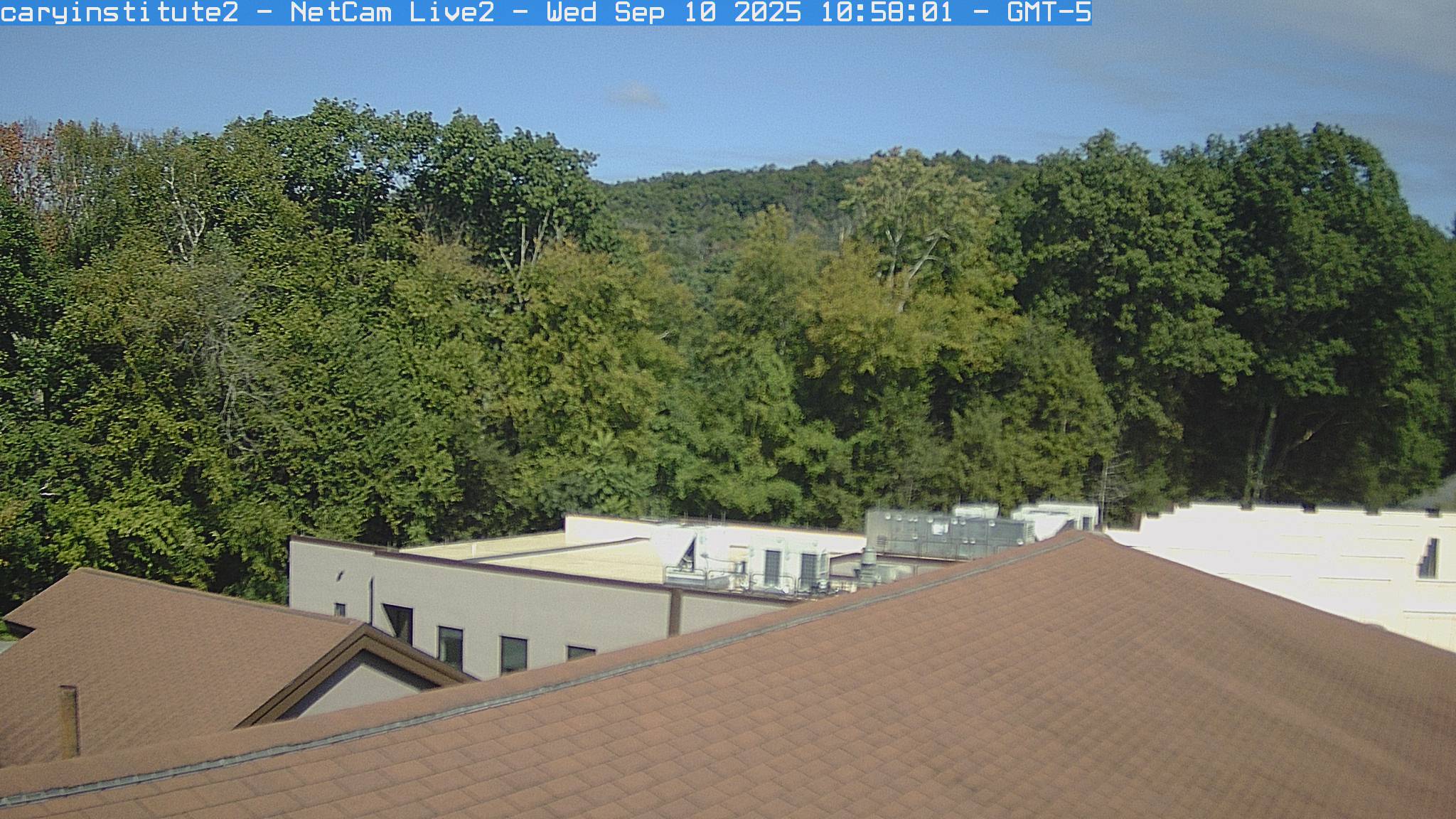 A rooftop camera at the Cary Institute in Millbrook looks over a shingle roof and a flat-roofed building to broadleaf woods and a ridge.