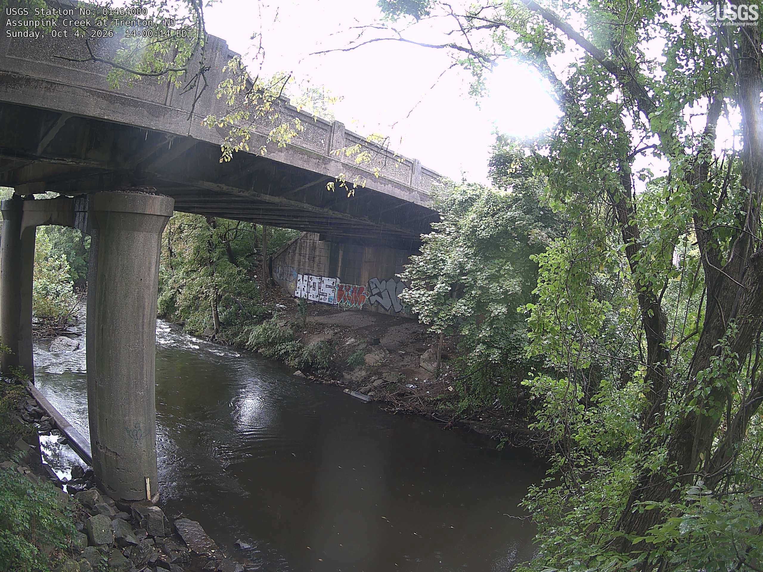 A large road bridge and its piers interrupt the creek view.