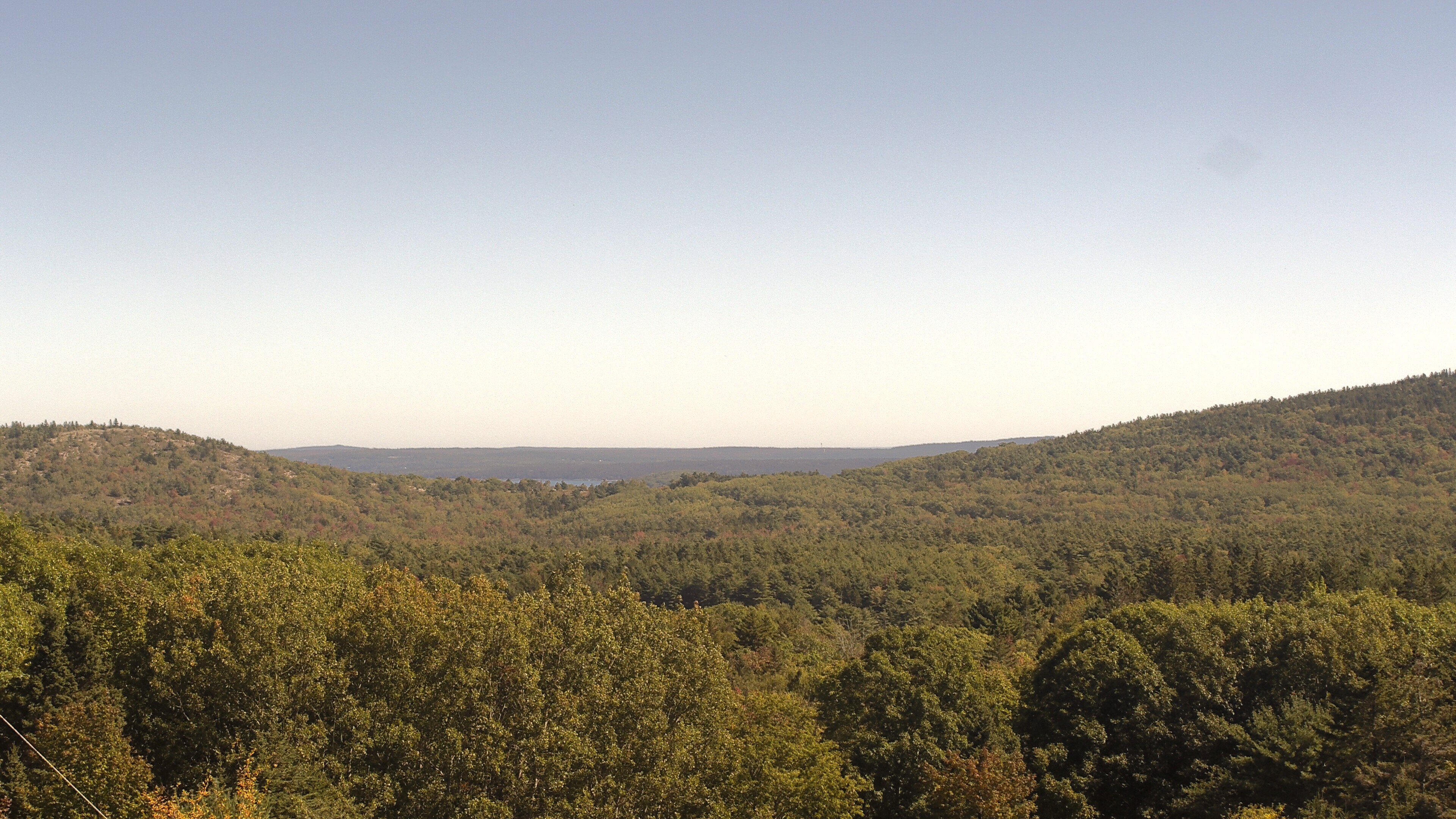 A wooded valley opens toward distant water, seen from McFarland Hill.
