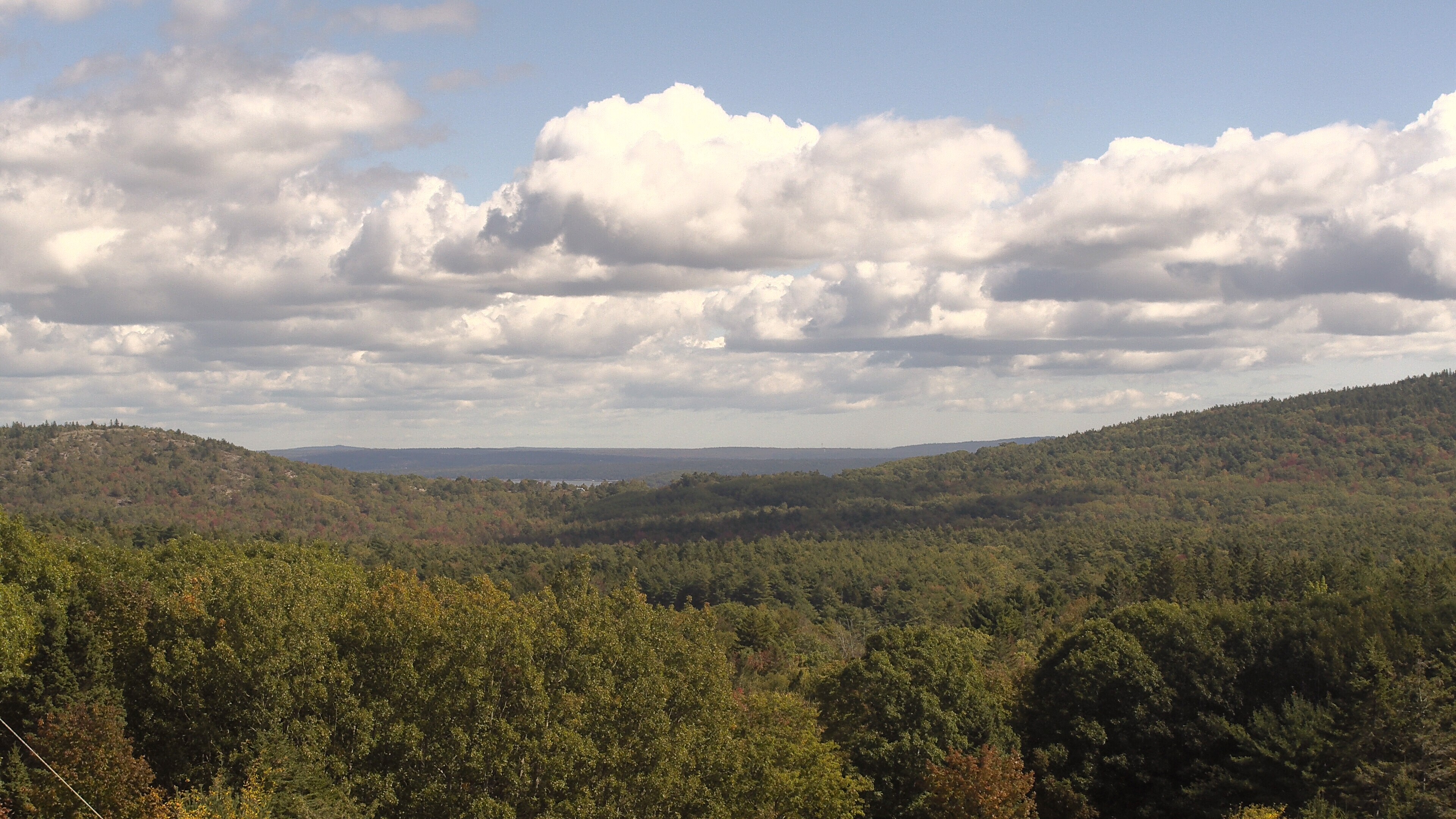 A wooded valley opens toward distant water, seen from McFarland Hill.