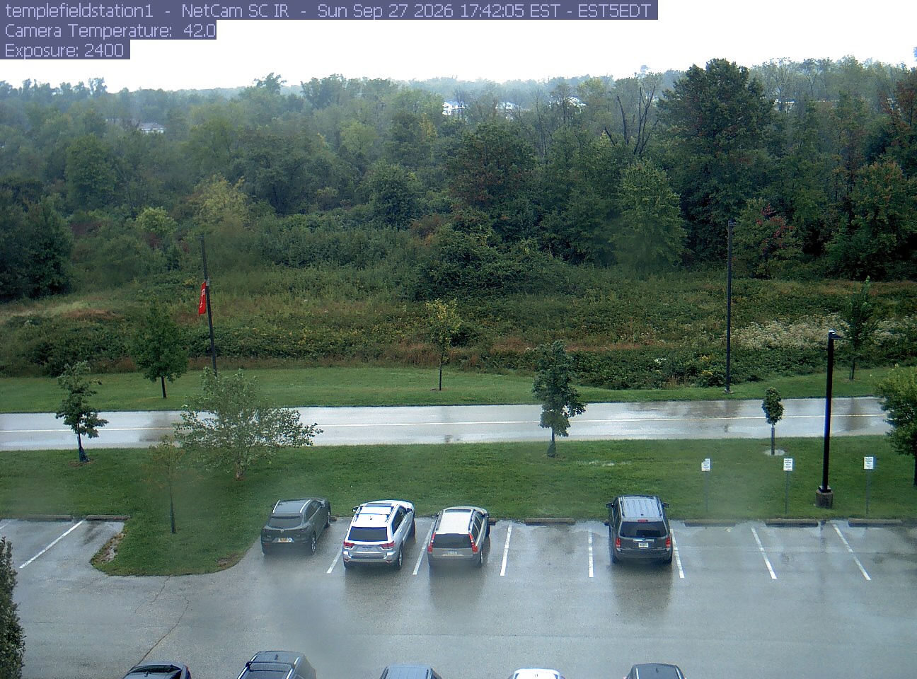 Woodland and meadow rise above the road and parking area at Temple’s Ambler Field Station.