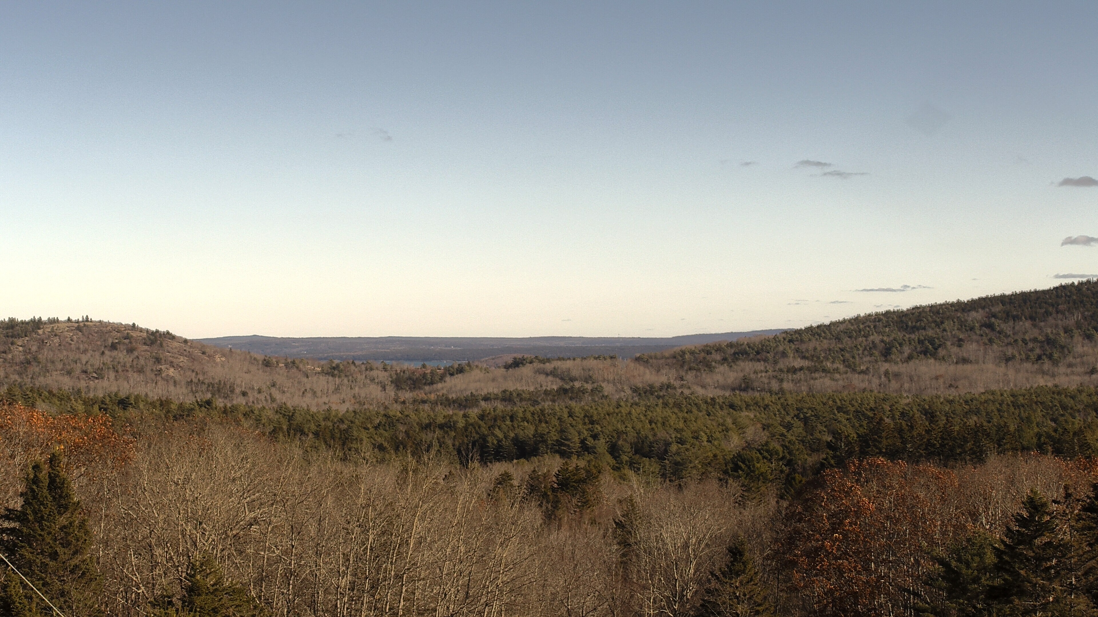 A wooded valley opens toward distant water, seen from McFarland Hill.