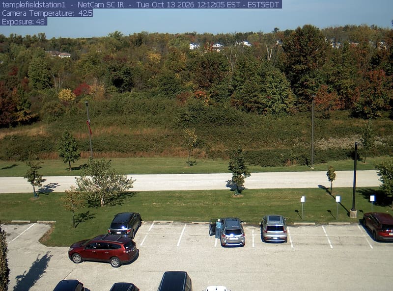 Woodland and meadow rise above the road and parking area at Temple’s Ambler Field Station.