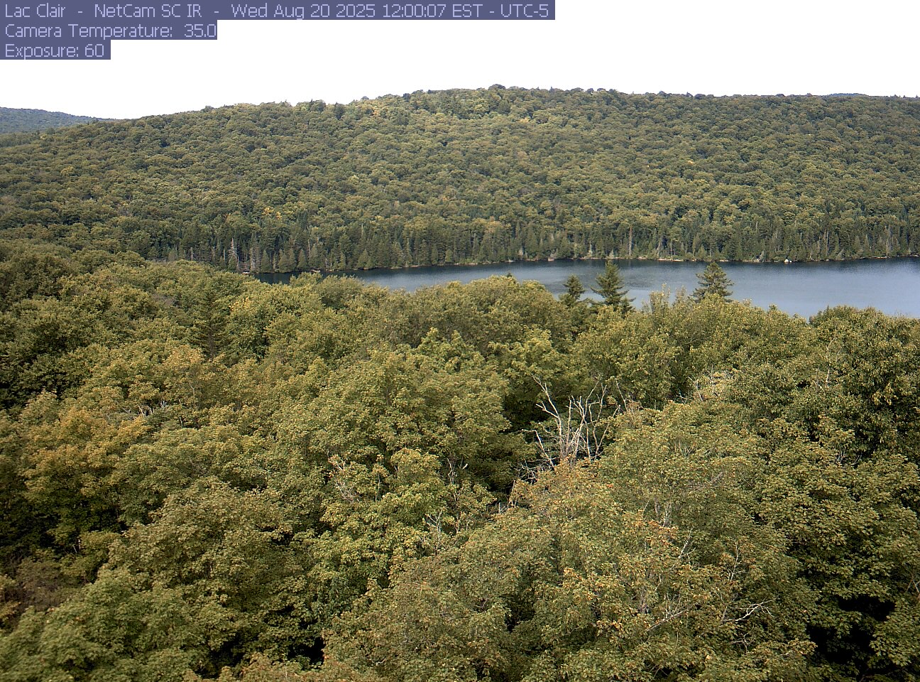 A wooded hillside and close canopy frame the water at Lac Clair.