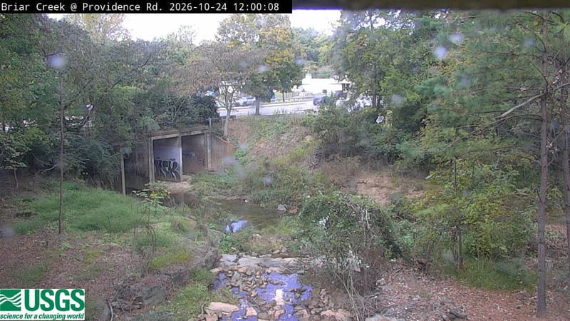 Briar Creek runs over rocks below a road culvert, among green and yellowing trees.