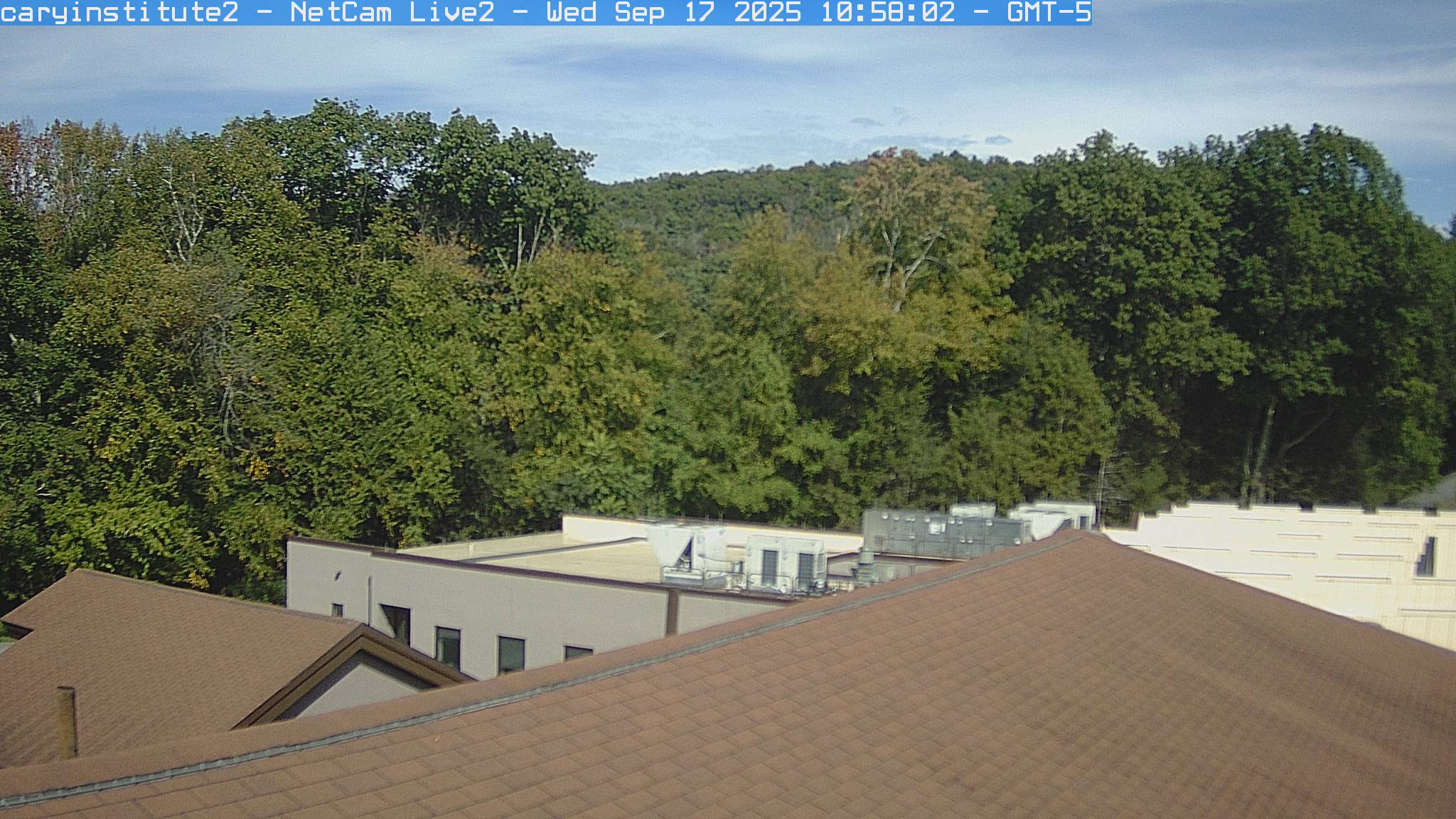 A rooftop camera at the Cary Institute in Millbrook looks over a shingle roof and a flat-roofed building to broadleaf woods and a ridge.