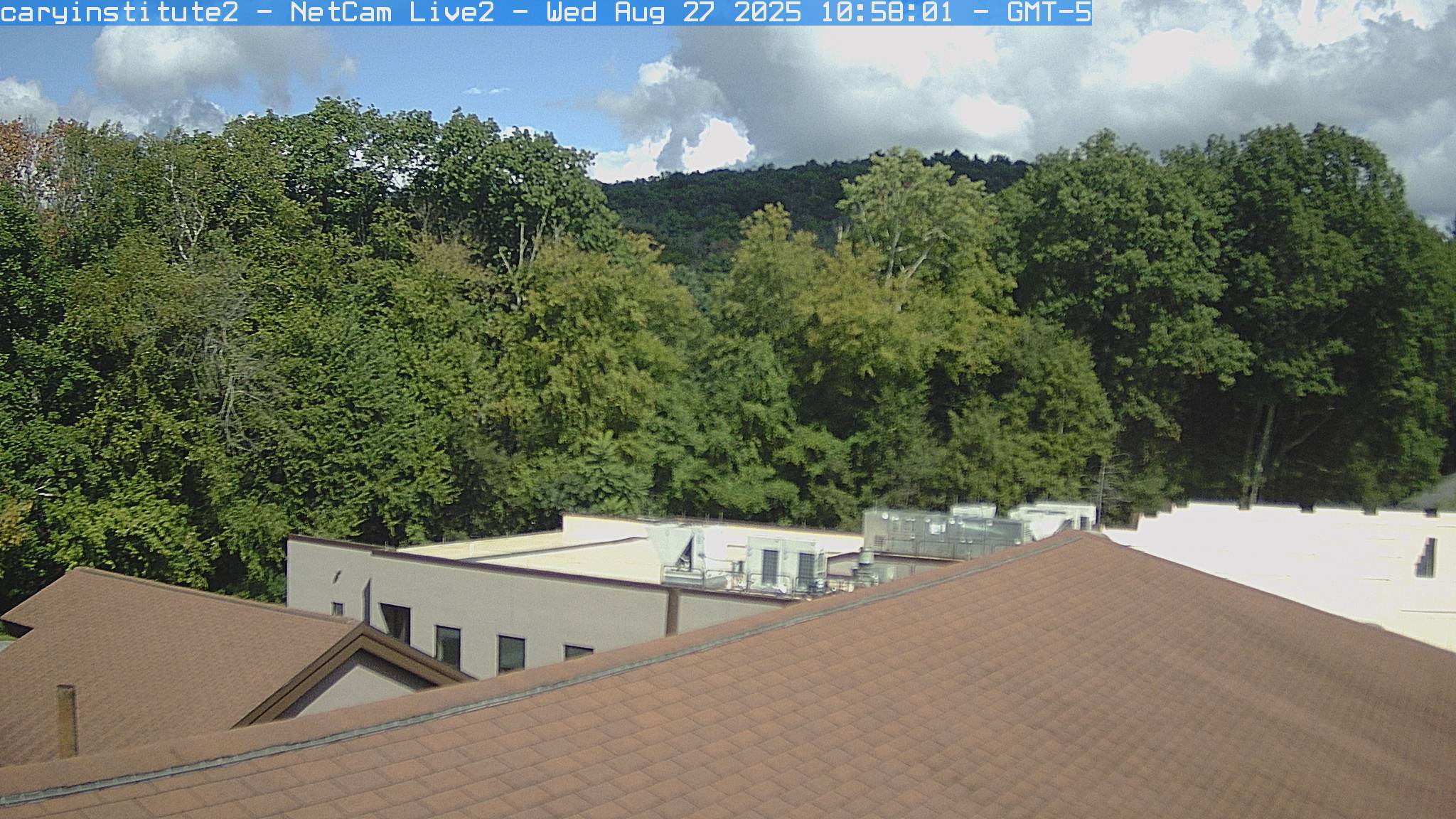 A rooftop camera at the Cary Institute in Millbrook looks over a shingle roof and a flat-roofed building to broadleaf woods and a ridge.