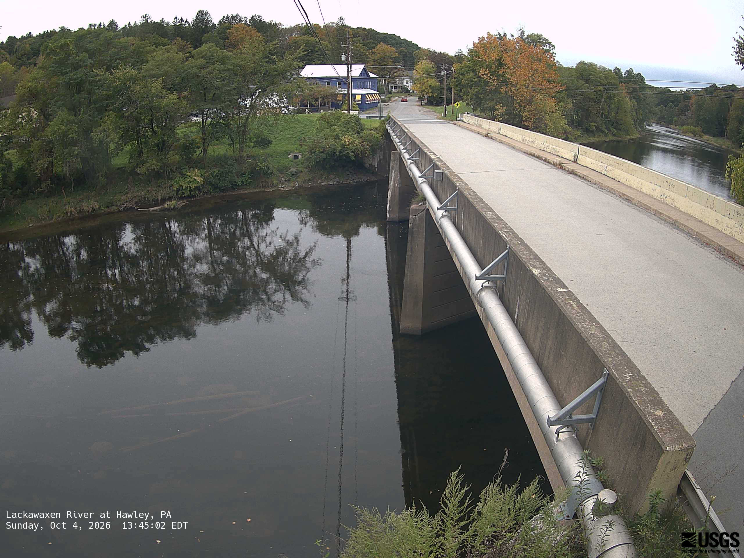 Clear trees on both riverbanks and the small hillside behind a bridge. The crowns are mainly green, with yellow and orange patches easy to see. Bridge and buildings are substantial parts of this local scene.