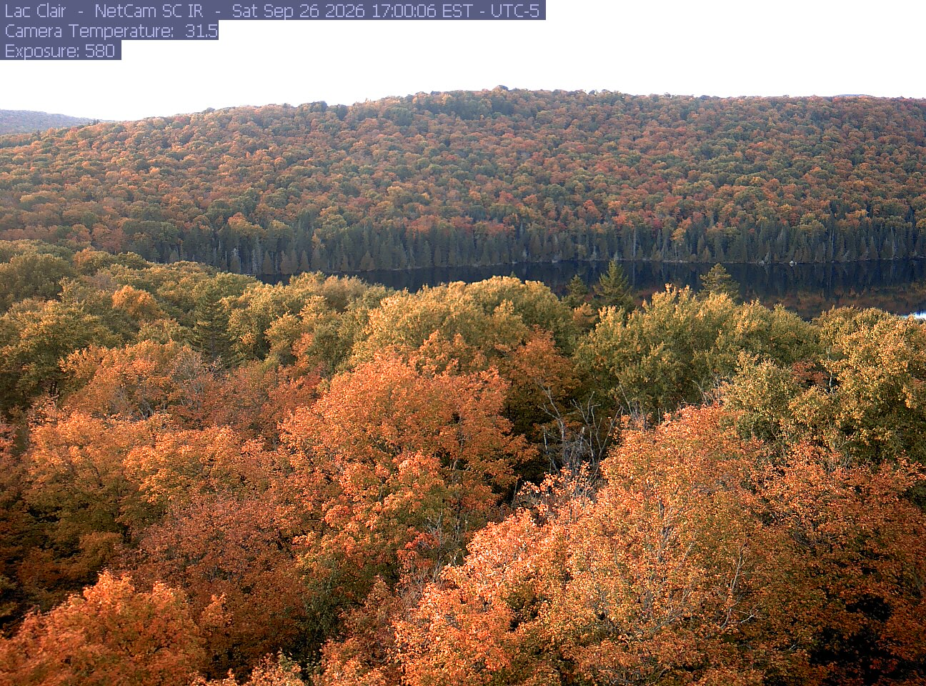 A wooded hillside and close canopy frame the water at Lac Clair.