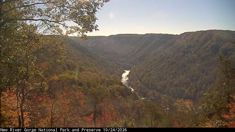 The view across the New River Gorge from the Canyon Rim Visitor Center, the trees of the near rim at the left and the far rim beyond.