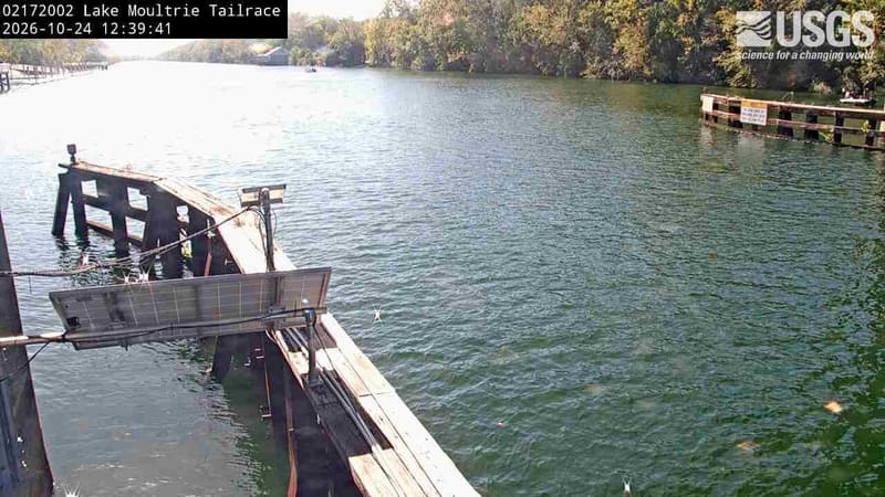 The tailrace canal’s open water below a wooden walkway, with a line of trees along the far bank.