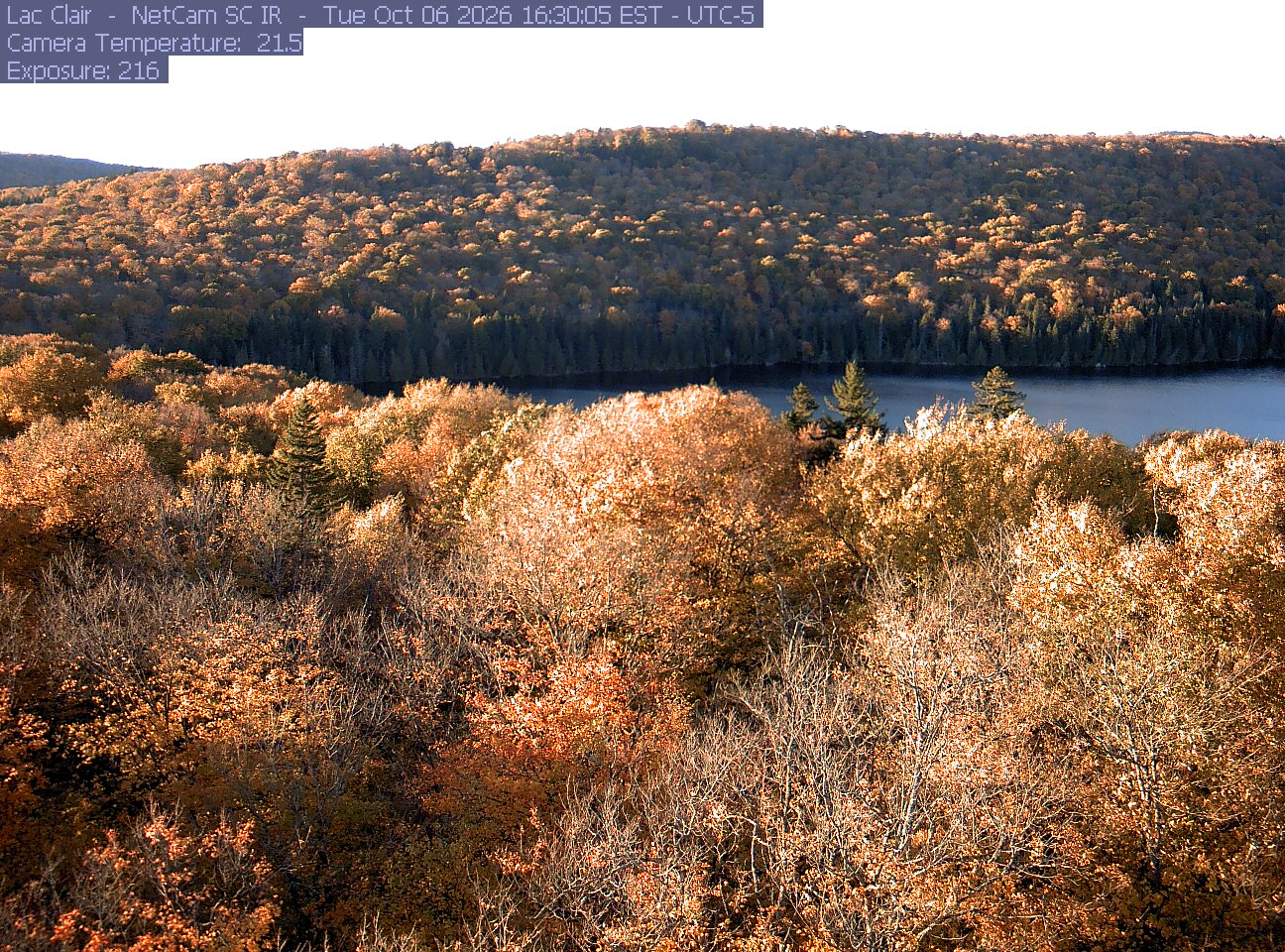 A wooded hillside and close canopy frame the water at Lac Clair.