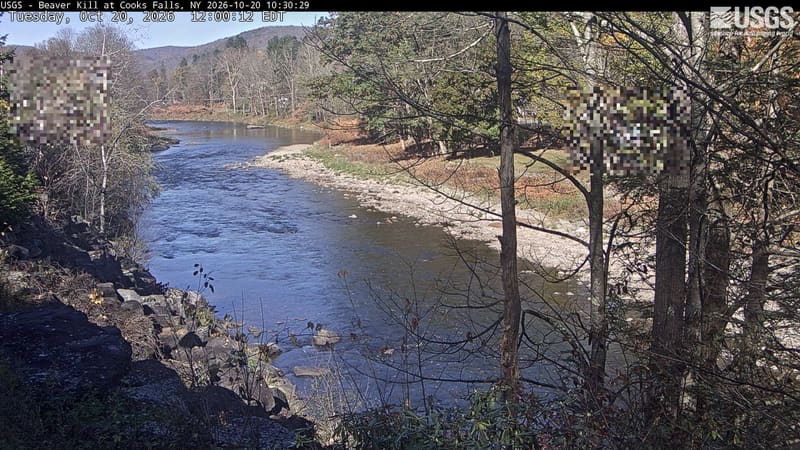 A rocky river reach between wooded banks and a low hill, with yellow and bronze near leaves and muted orange crowns upstream. The provider has blurred two small rectangular areas.