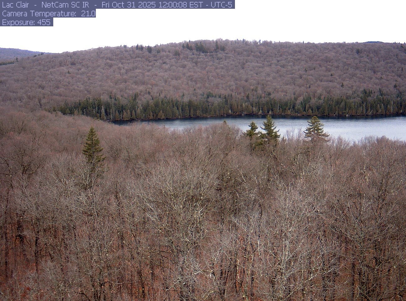 A wooded hillside and close canopy frame the water at Lac Clair.