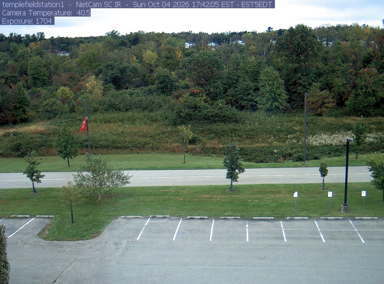 Woodland and meadow rise above the road and parking area at Temple’s Ambler Field Station.