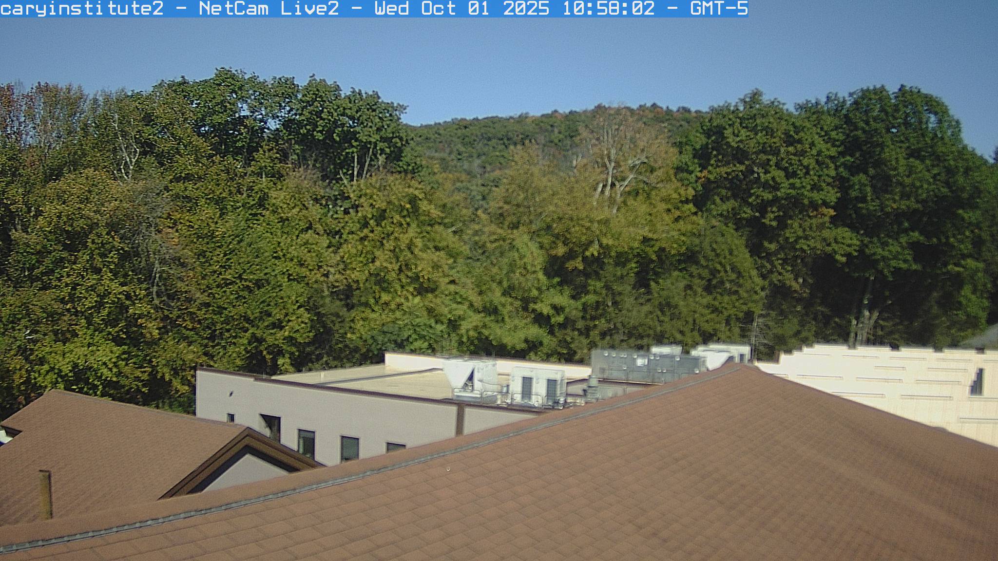 A rooftop camera at the Cary Institute in Millbrook looks over a shingle roof and a flat-roofed building to broadleaf woods and a ridge.