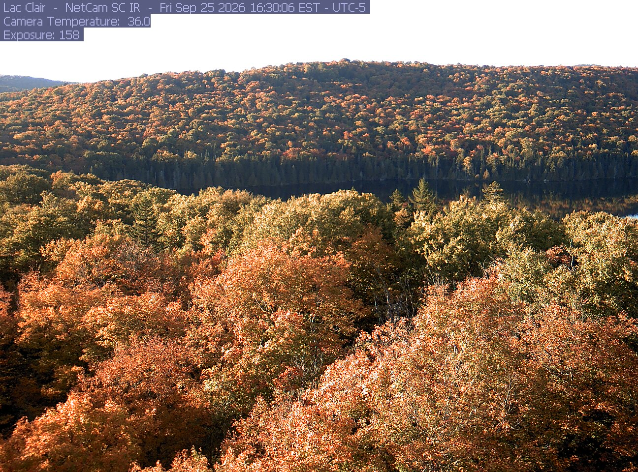 A wooded hillside and close canopy frame the water at Lac Clair.