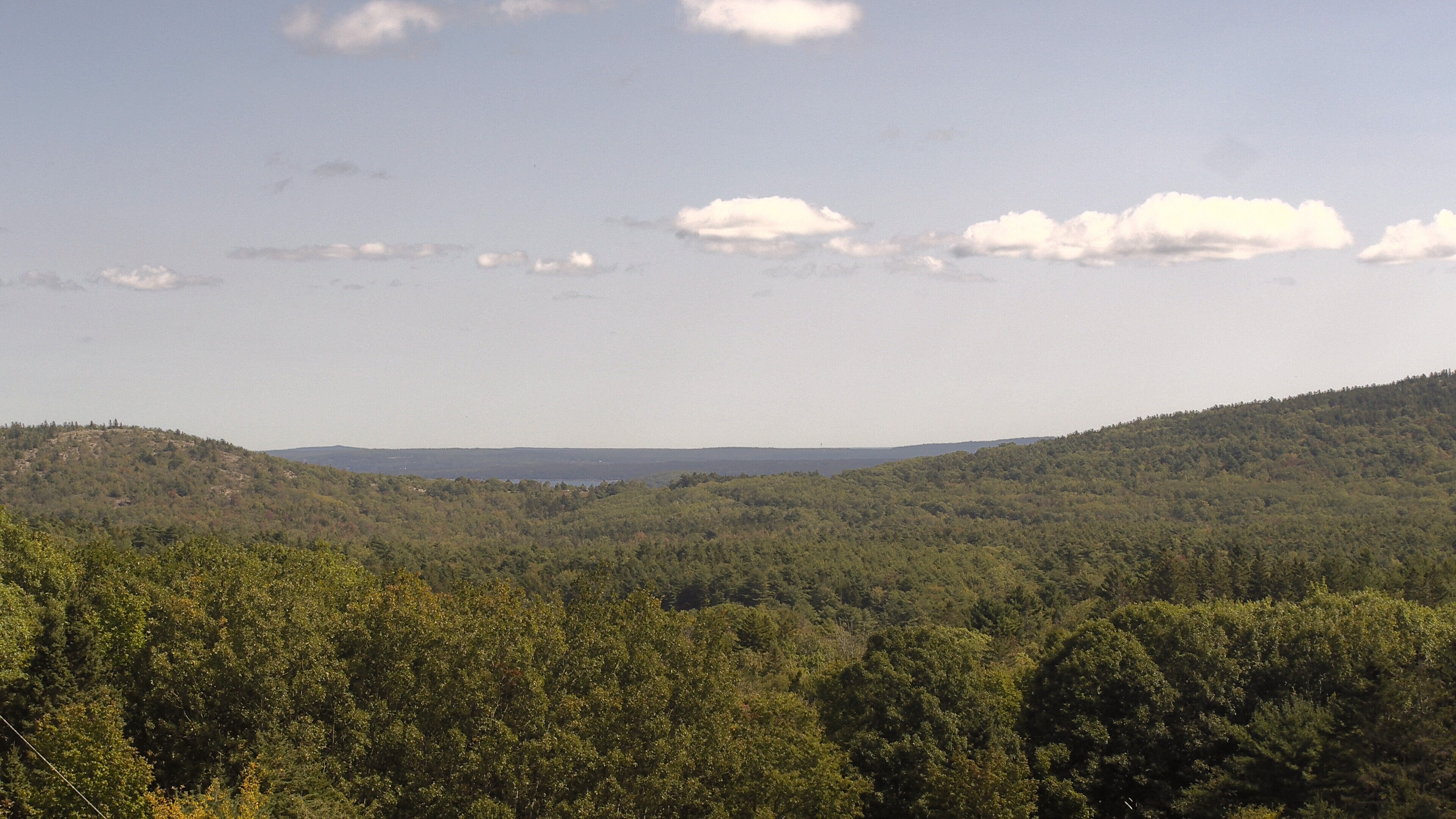 A wooded valley opens toward distant water, seen from McFarland Hill.